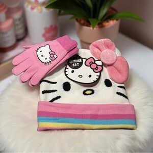 Hello Kitty By Sanrio NWT Pink & White Hello Kitty Face Knit Hat & Gloves Set